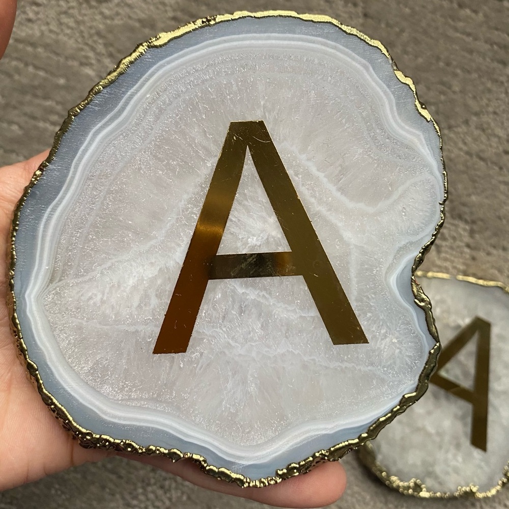 Gold Plated Agate Crystal Geode Letter A Monogram Drink Coaster Set of 2